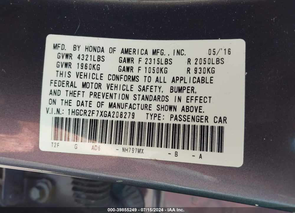 2016 HONDA ACCORD EX VIN: 1HGCR2F7XGA208279