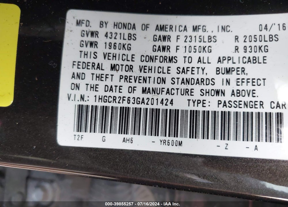 2016 HONDA ACCORD SPORT VIN: 1HGCR2F63GA201424