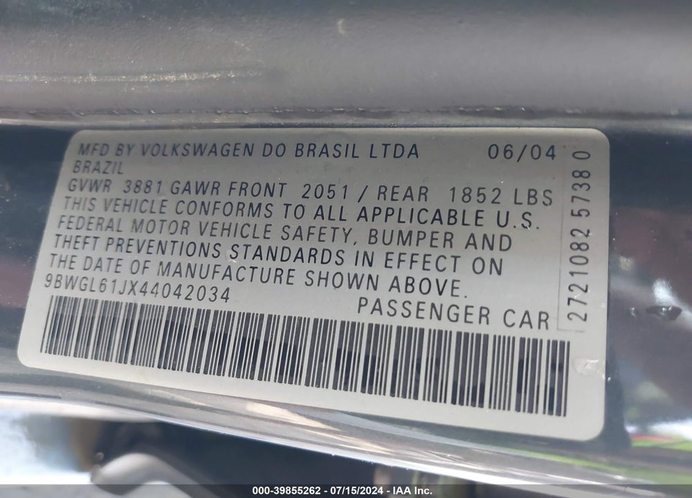 2004 VOLKSWAGEN GOLF GLS 2.0L VIN: 9BWGL61JX44042034