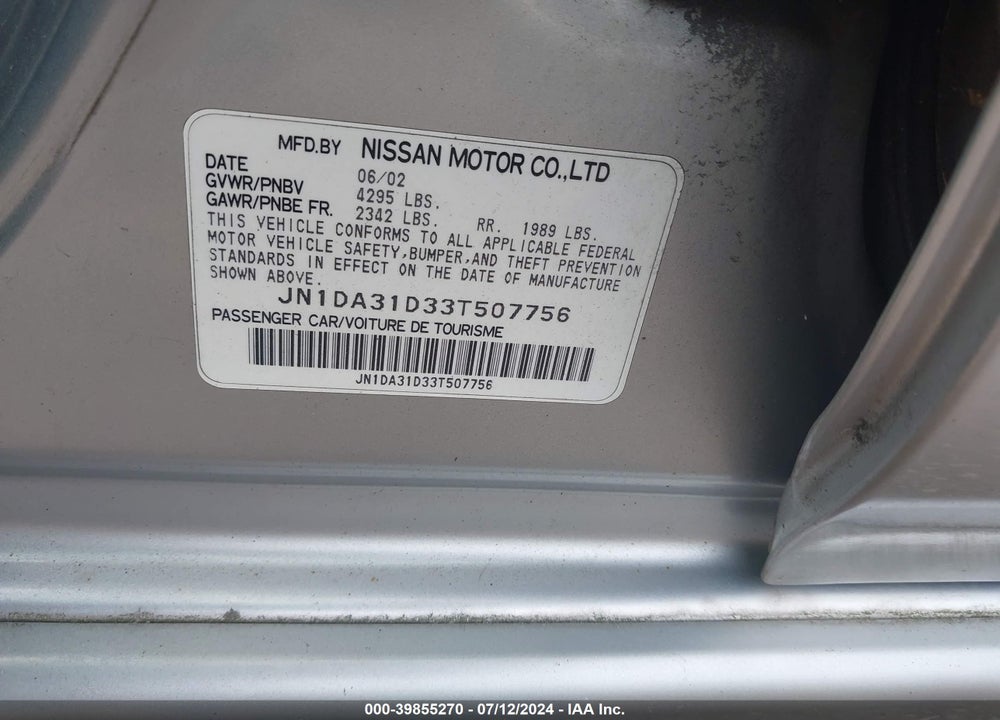 2003 NISSAN MAXIMA SE VIN: JN1DA31D33T507756