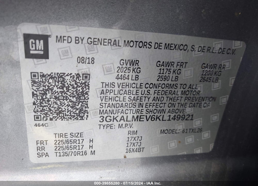 2019 GMC TERRAIN SLE VIN: 3GKALMEV6KL149921