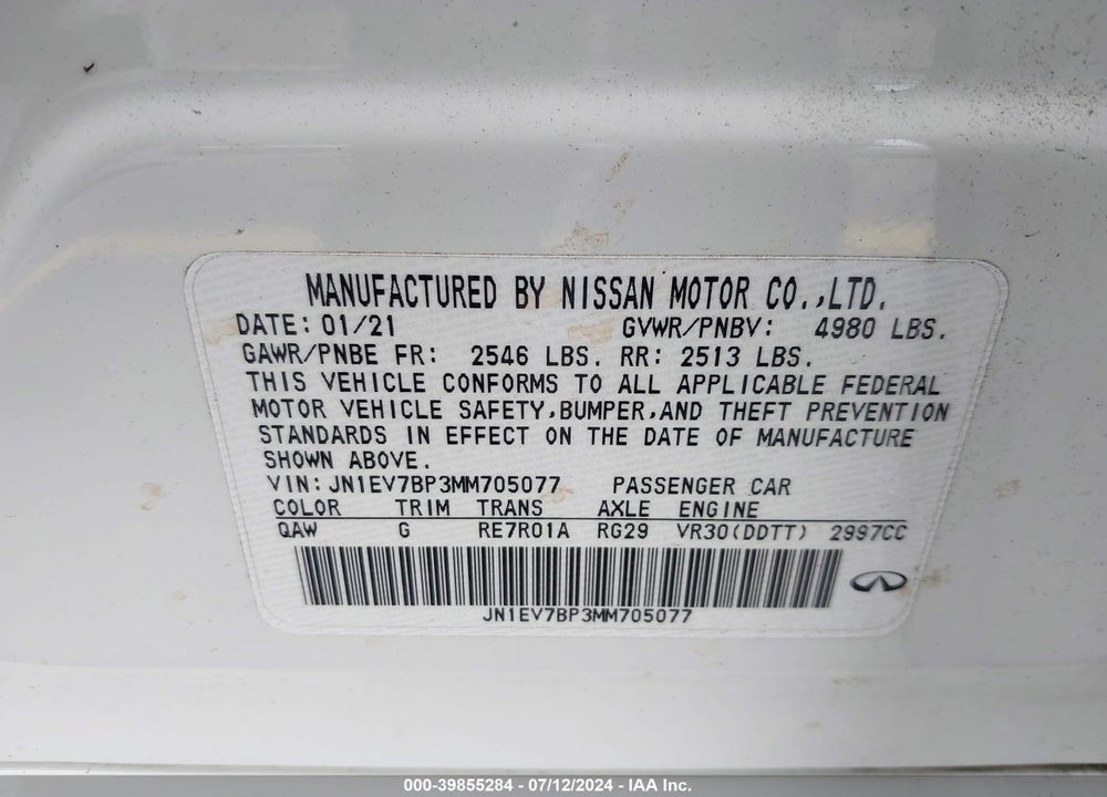 2021 INFINITI Q50 LUXE VIN: JN1EV7BP3MM705077