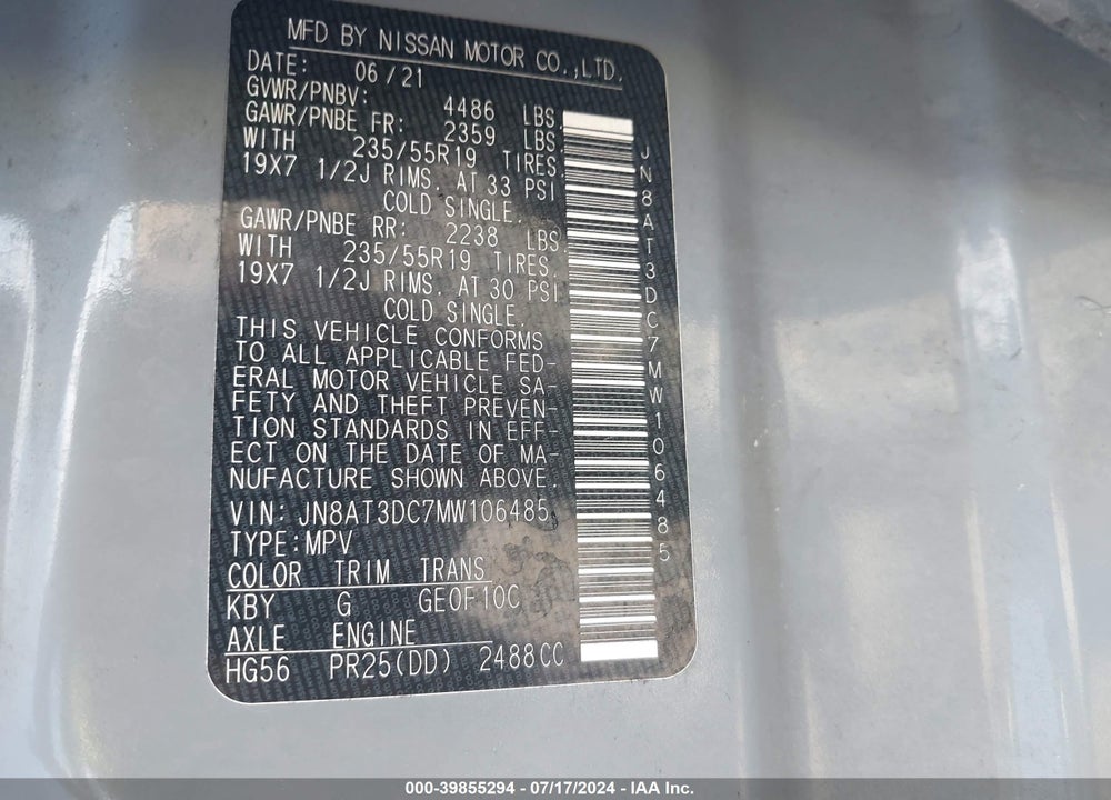2021 NISSAN ROGUE VIN: JN8AT3DC7MW106485