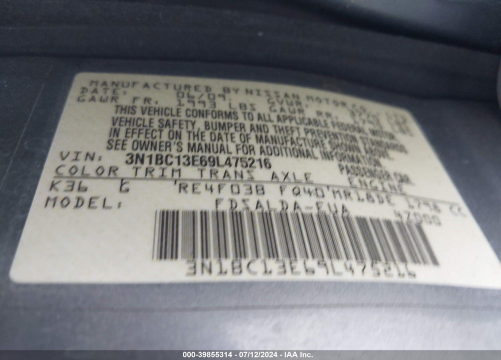 2009 NISSAN VERSA 1.8S VIN: 3N1BC13E69L475216