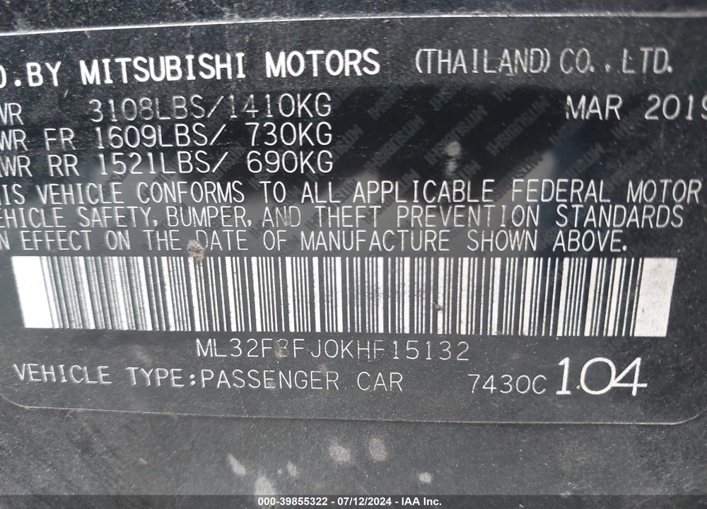 2019 MITSUBISHI MIRAGE G4 ES VIN: ML32F3FJ0KHF15132