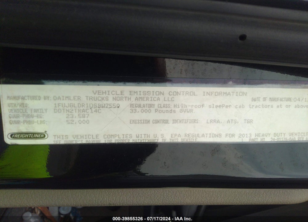 2013 FREIGHTLINER CASCADIA 125 VIN: 1FUJGLDR1DSBW7550