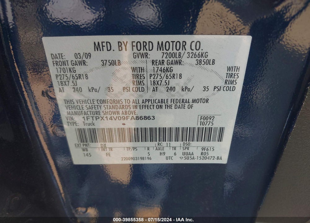 2009 FORD F-150 FX4/LARIAT/XL/XLT VIN: 1FTPX14V09FA86863