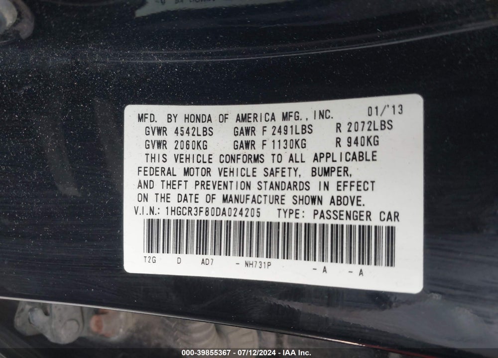 2013 HONDA ACCORD EX-L V-6 VIN: 1HGCR3F80DA024205