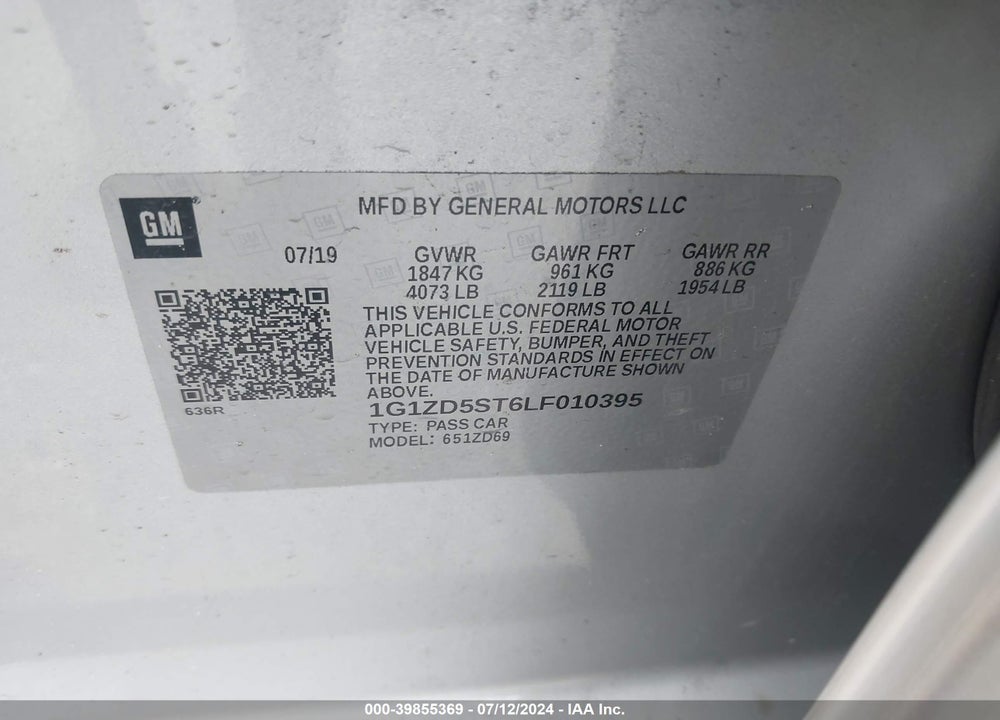 2020 CHEVROLET MALIBU FWD LT VIN: 1G1ZD5ST6LF010395