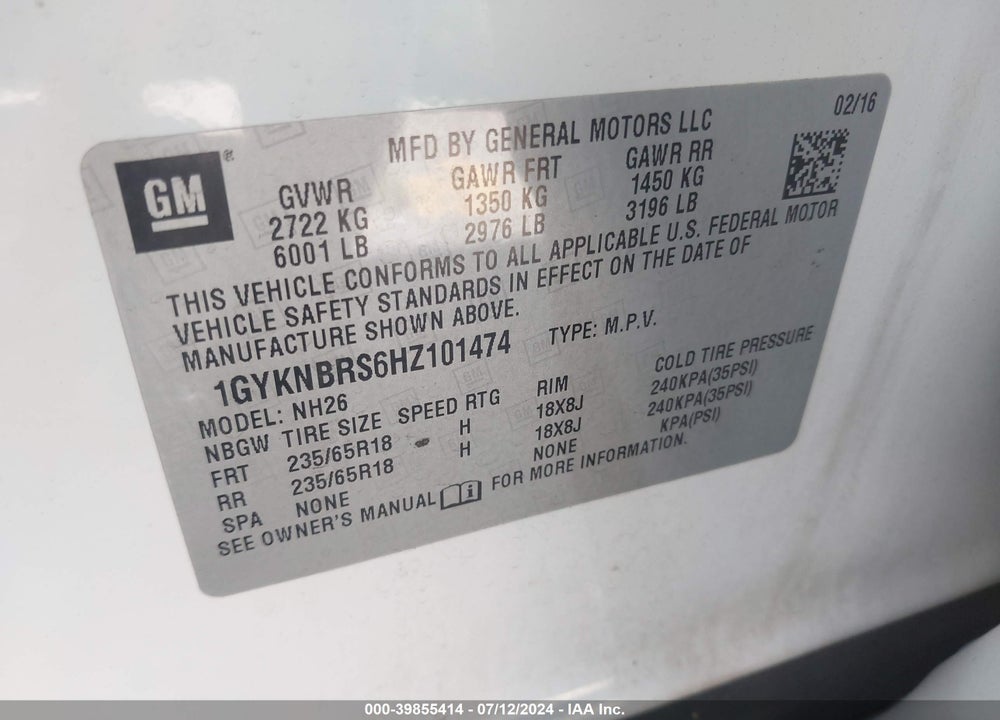 2017 CADILLAC XT5 LUXURY VIN: 1GYKNBRS6HZ101474