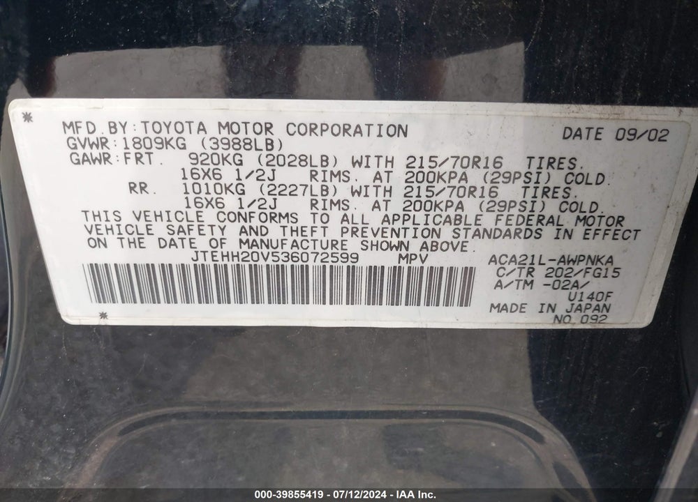 2003 TOYOTA RAV4 VIN: JTEHH20V536072599
