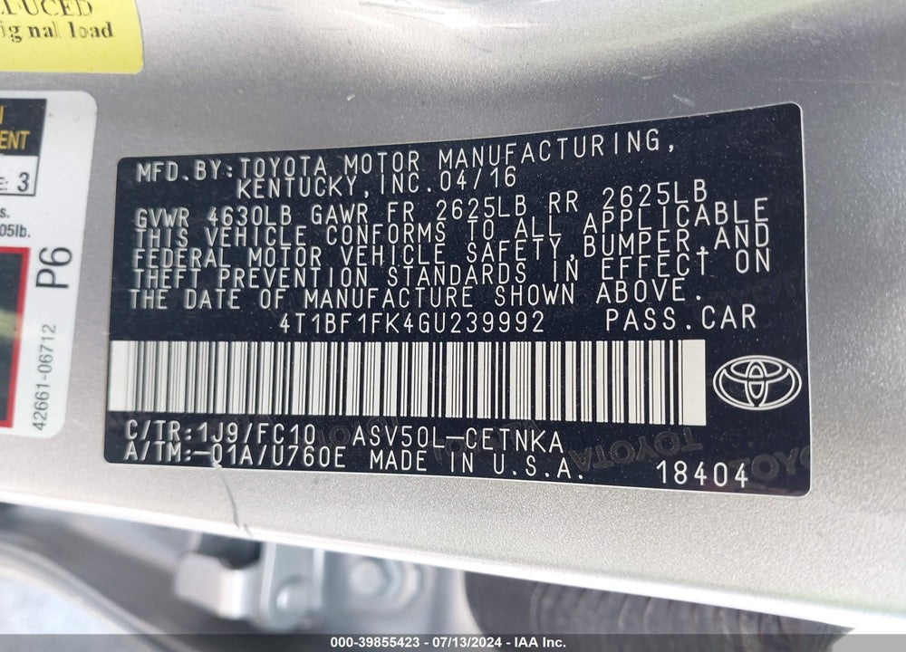 2016 TOYOTA CAMRY VIN: 4T1BF1FK4GU239992