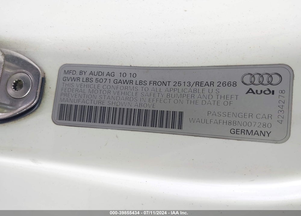 2011 AUDI A5 2.0T PREMIUM VIN: WAULFAFH8BN007280