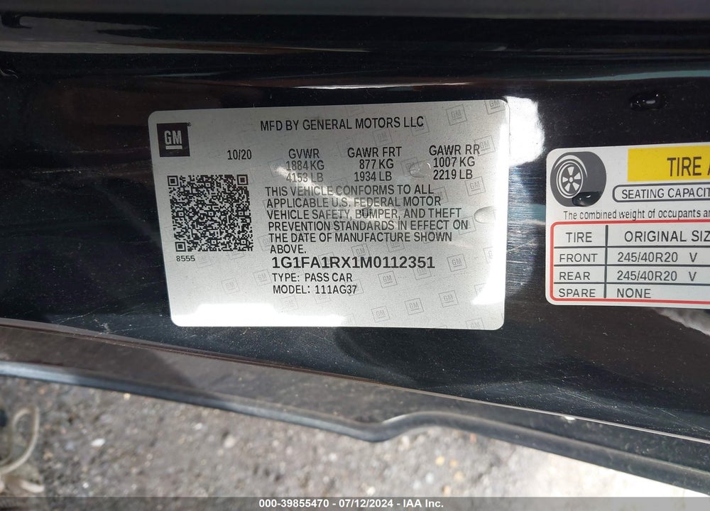 2021 CHEVROLET CAMARO RWD 1LT VIN: 1G1FA1RX1M0112351