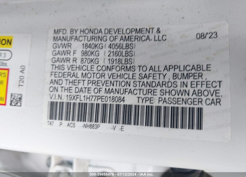 2023 HONDA CIVIC EX-L /EX-L W/O BSI VIN: 19XFL1H77PE018084