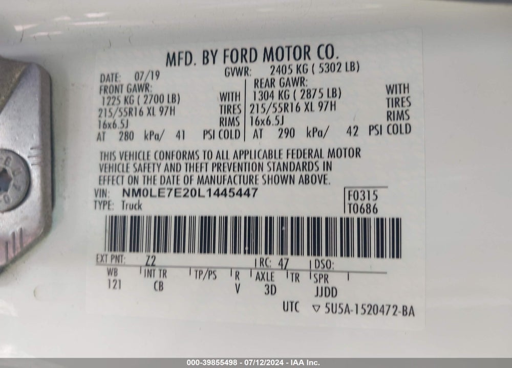 2020 FORD TRANSIT CONNECT XL VIN: NM0LE7E20L1445447
