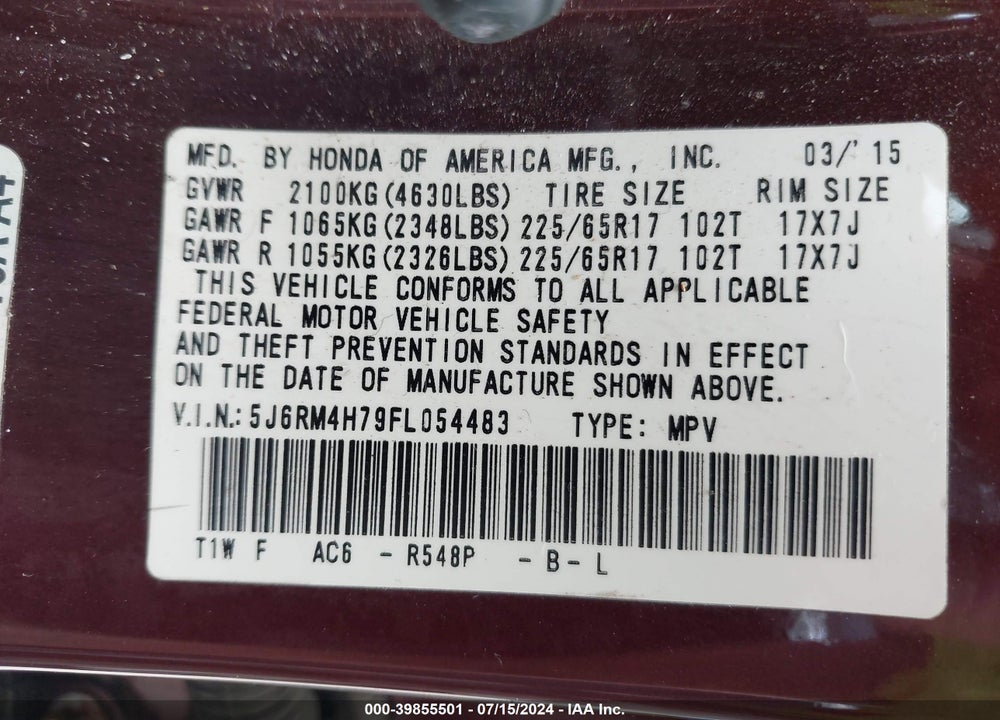 2015 HONDA CR-V EX-L VIN: 5J6RM4H79FL054483