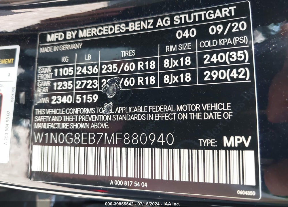 2021 MERCEDES-BENZ GLC 300 4MATIC SUV VIN: W1N0G8EB7MF880940