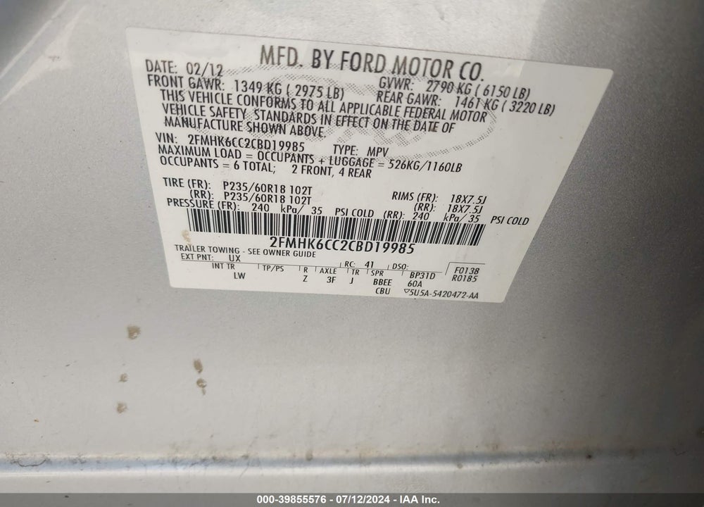 2012 FORD FLEX SEL VIN: 2FMHK6CC2CBD19985
