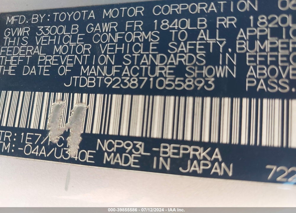 2007 TOYOTA YARIS VIN: JTDBT923871055893