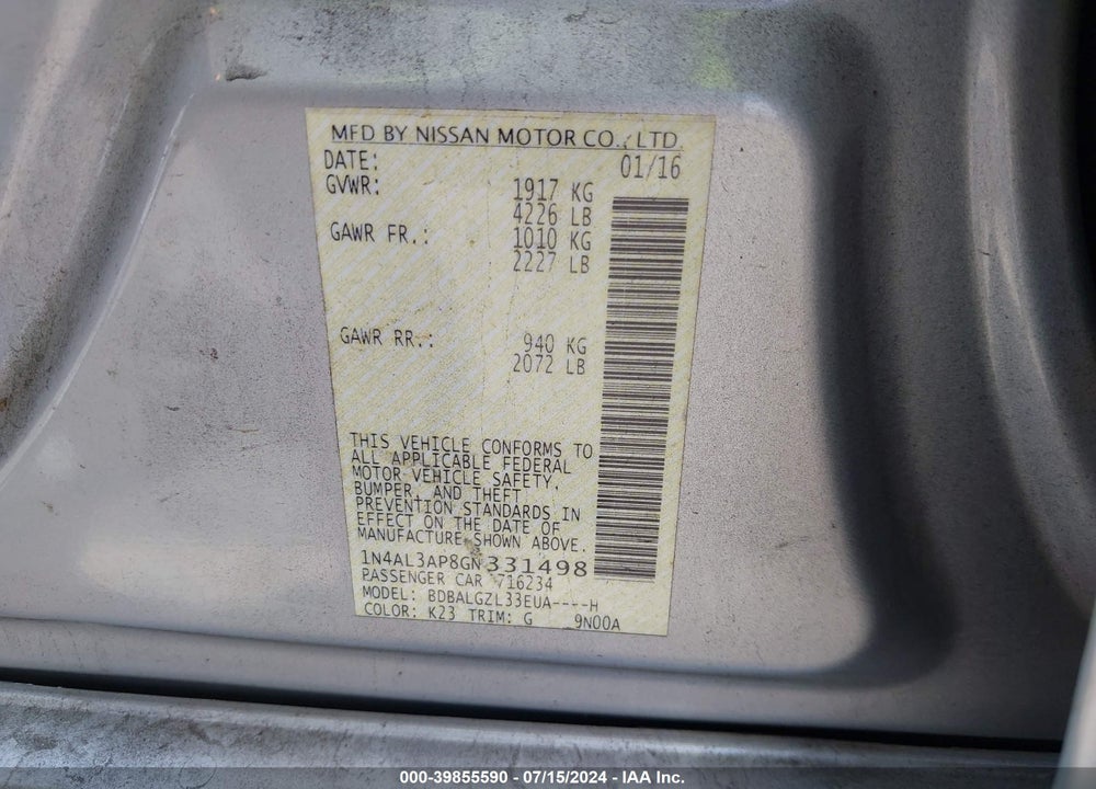 2016 NISSAN ALTIMA 2.5 S VIN: 1N4AL3AP8GN331498