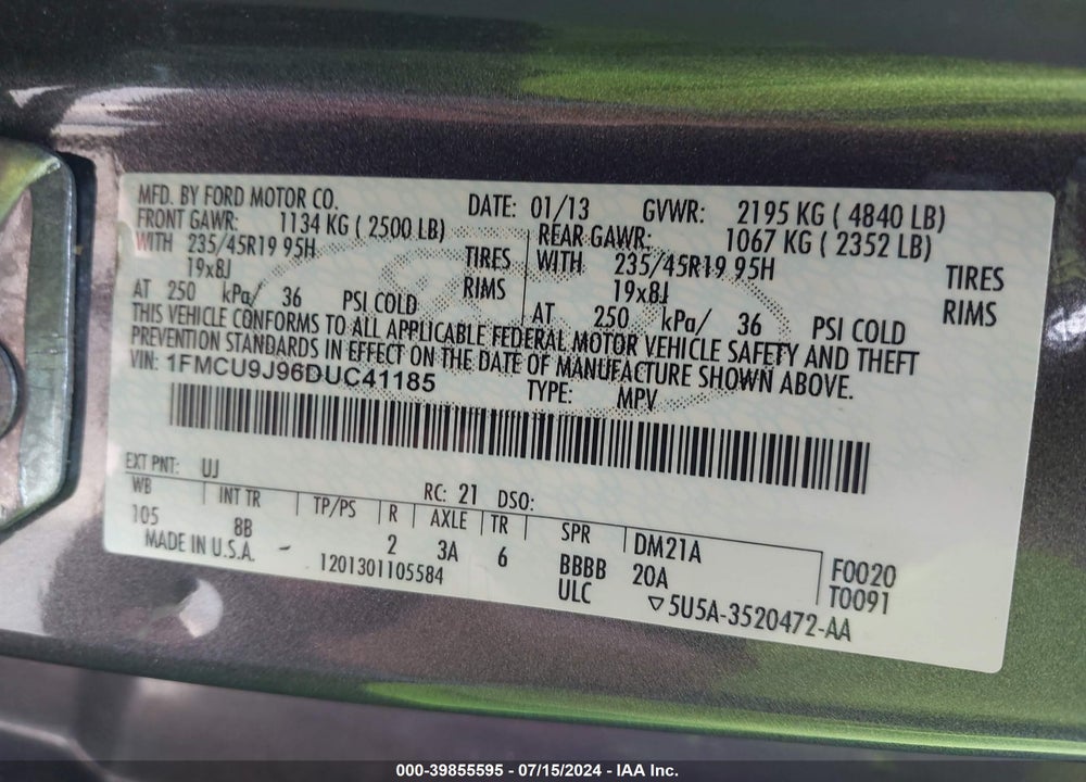 2013 FORD ESCAPE TITANIUM VIN: 1FMCU9J96DUC41185