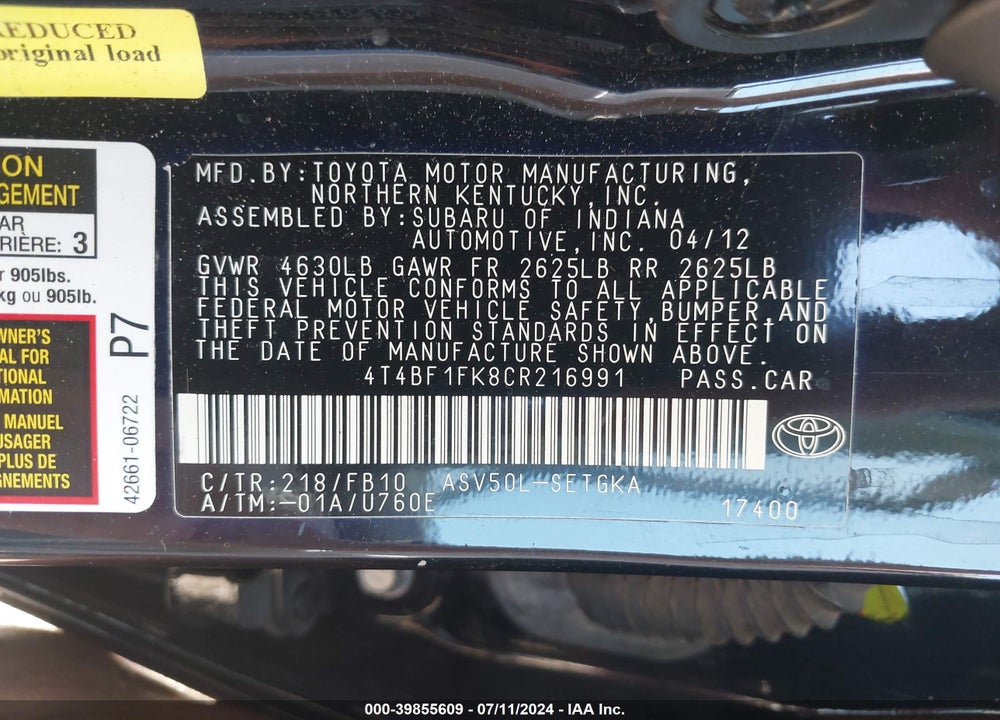 2012 TOYOTA CAMRY XLE VIN: 4T4BF1FK8CR216991