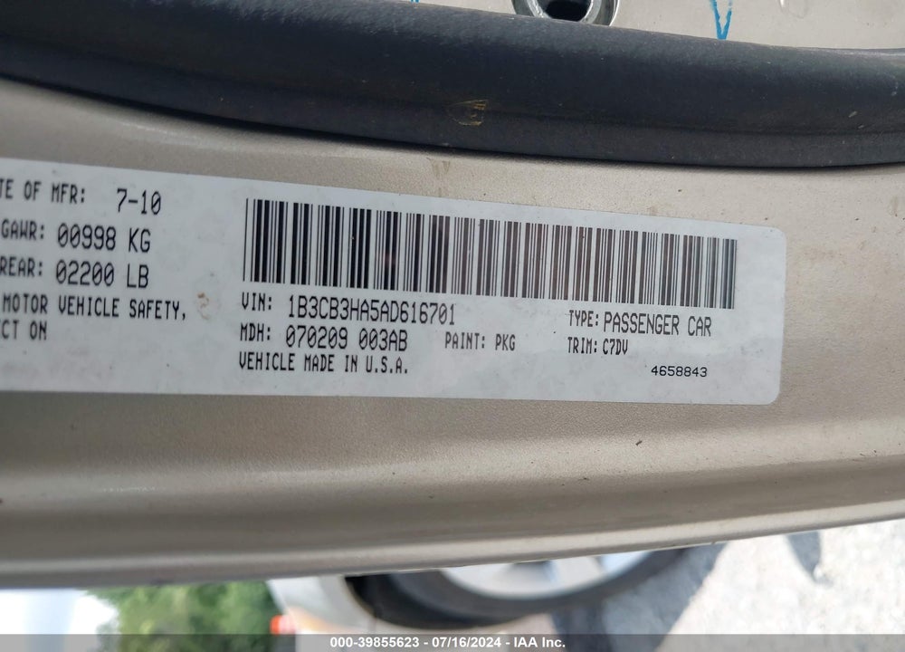 2010 DODGE CALIBER MAINSTREET VIN: 1B3CB3HA5AD616701