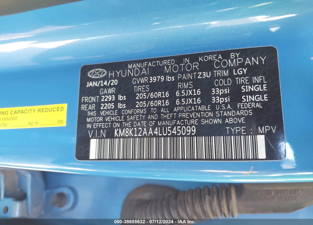 2020 HYUNDAI KONA SE VIN: KM8K12AA4LU545099