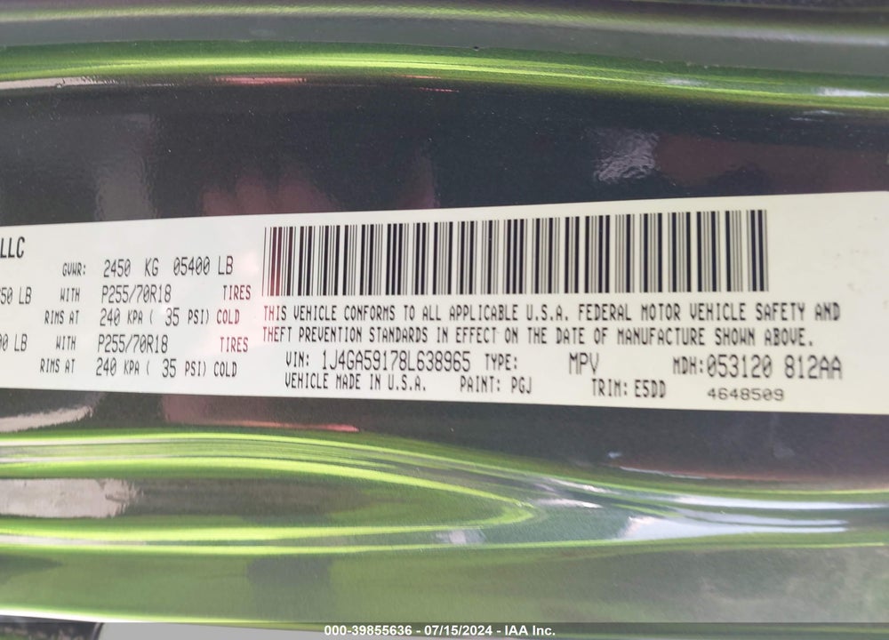 2008 JEEP WRANGLER UNLIMITED SAHARA VIN: 1J4GA59178L638965