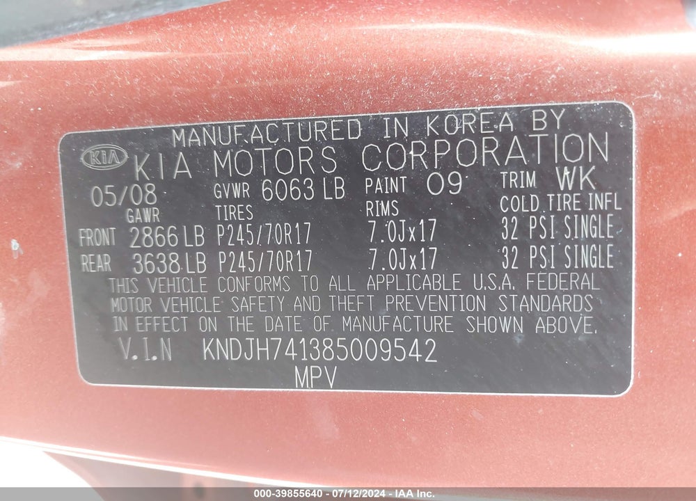 2008 KIA BORREGO VIN: KNDJH741385009542