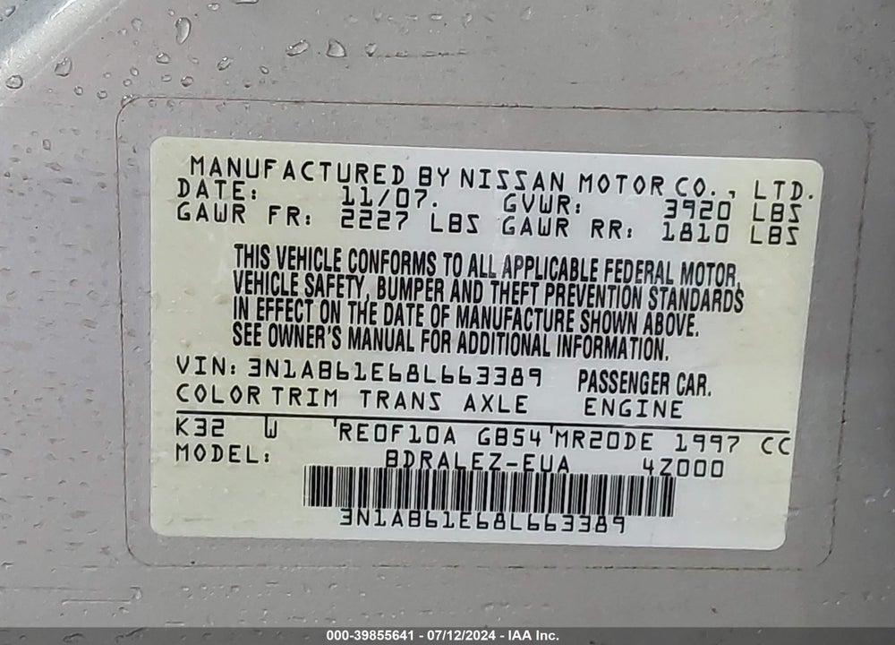 2008 NISSAN SENTRA 2.0 S VIN: 3N1AB61E68L663389