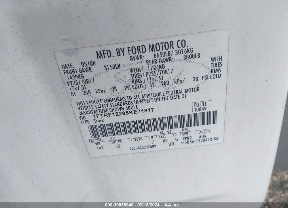 2008 FORD F-150 STX/XL/XLT VIN: 1FTRF12298KE71817
