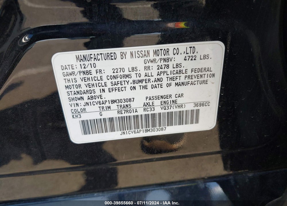 2011 INFINITI G37 JOURNEY VIN: JN1CV6AP1BM303087