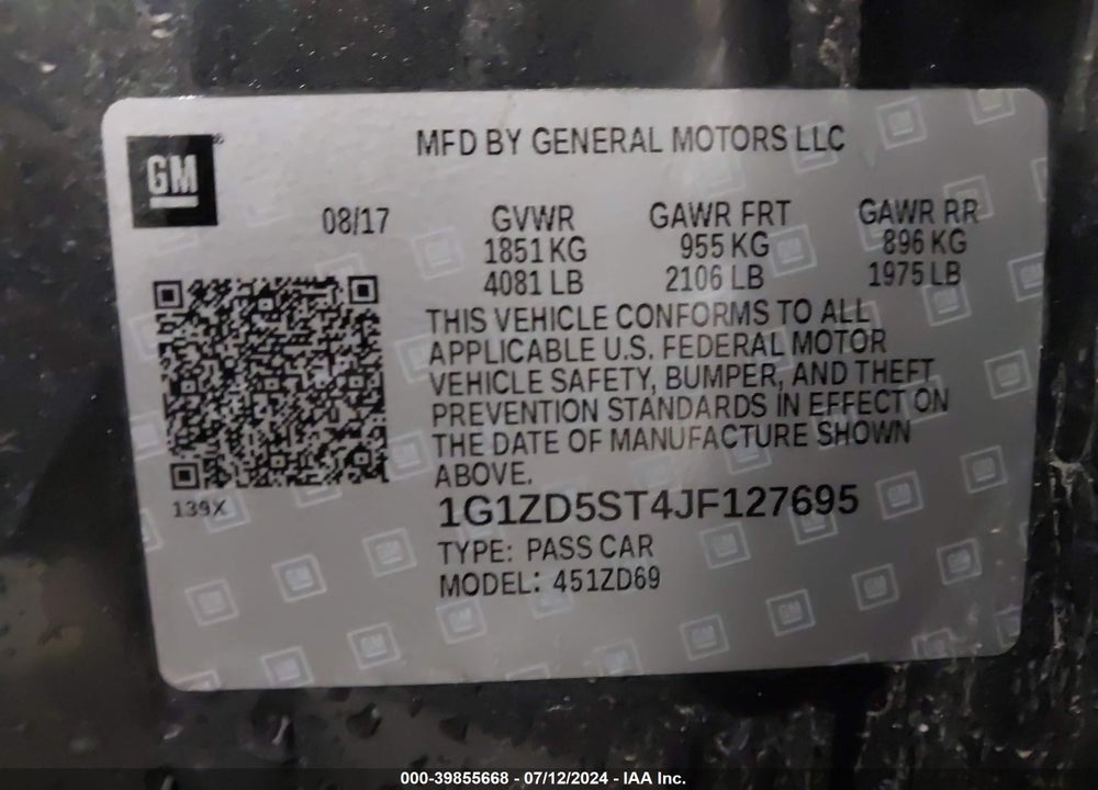 2018 CHEVROLET MALIBU VIN: 1G1ZD5ST4JF127695