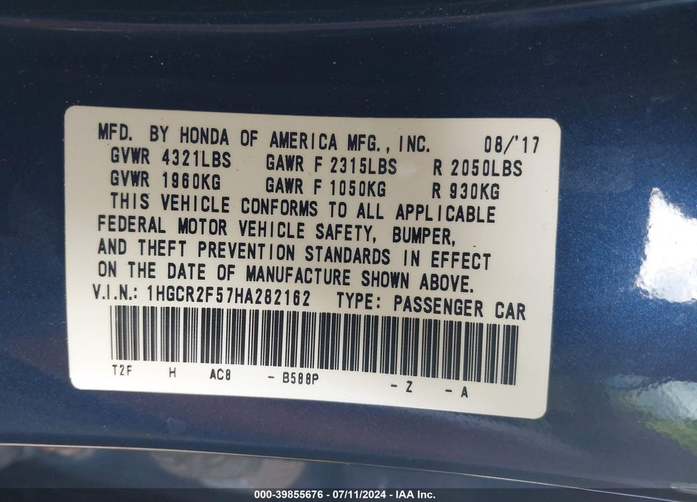 2017 HONDA ACCORD SPORT VIN: 1HGCR2F57HA282162