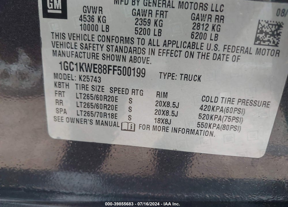 2015 CHEVROLET SILVERADO 2500HD LTZ VIN: 1GC1KWE88FF500199