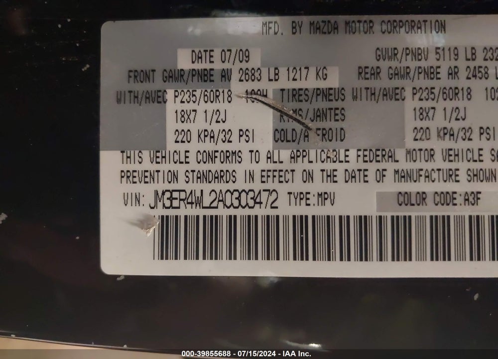 2010 MAZDA CX-7 S TOURING VIN: JM3ER4WL2A0303472
