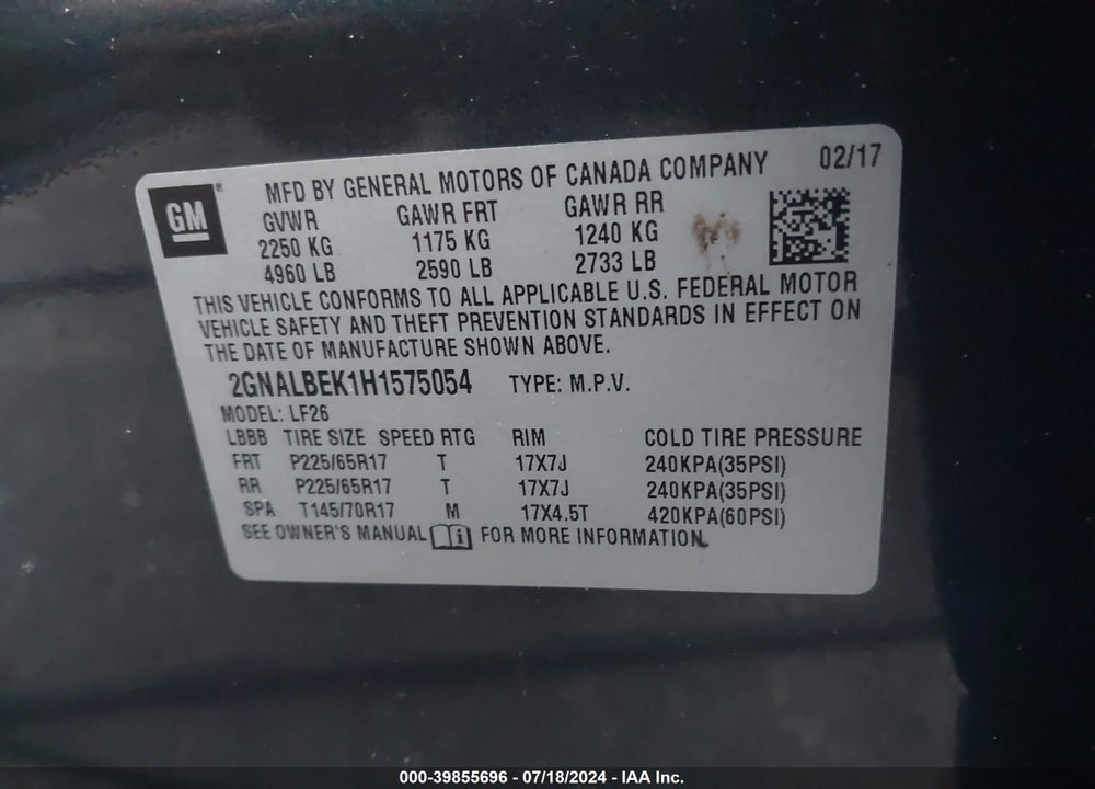 2017 CHEVROLET EQUINOX LS VIN: 2GNALBEK1H1575054