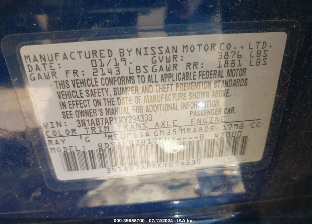 2019 NISSAN SENTRA VIN: 3N1AB7APXKY294330