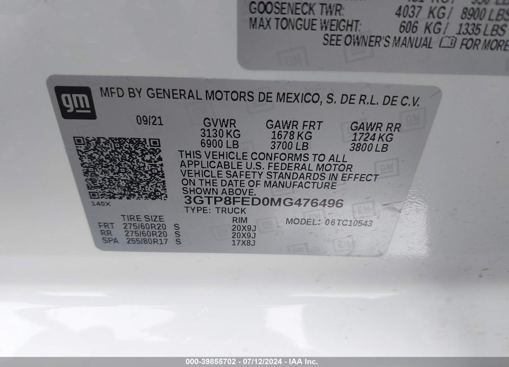 2021 GMC SIERRA 1500 2WD SHORT BOX DENALI VIN: 3GTP8FED0MG476496