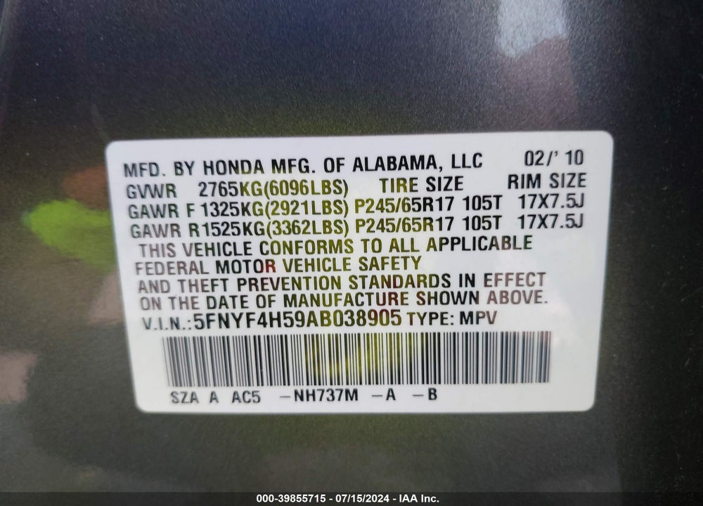 2010 HONDA PILOT EX-L VIN: 5FNYF4H59AB038905