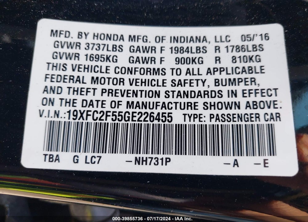 2016 HONDA CIVIC LX VIN: 19XFC2F55GE226455
