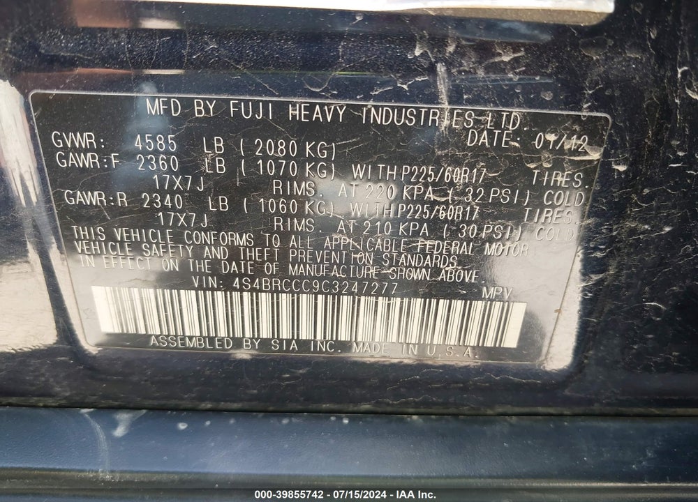 2012 SUBARU OUTBACK 2.5I PREMIUM VIN: 4S4BRCCC9C3247277