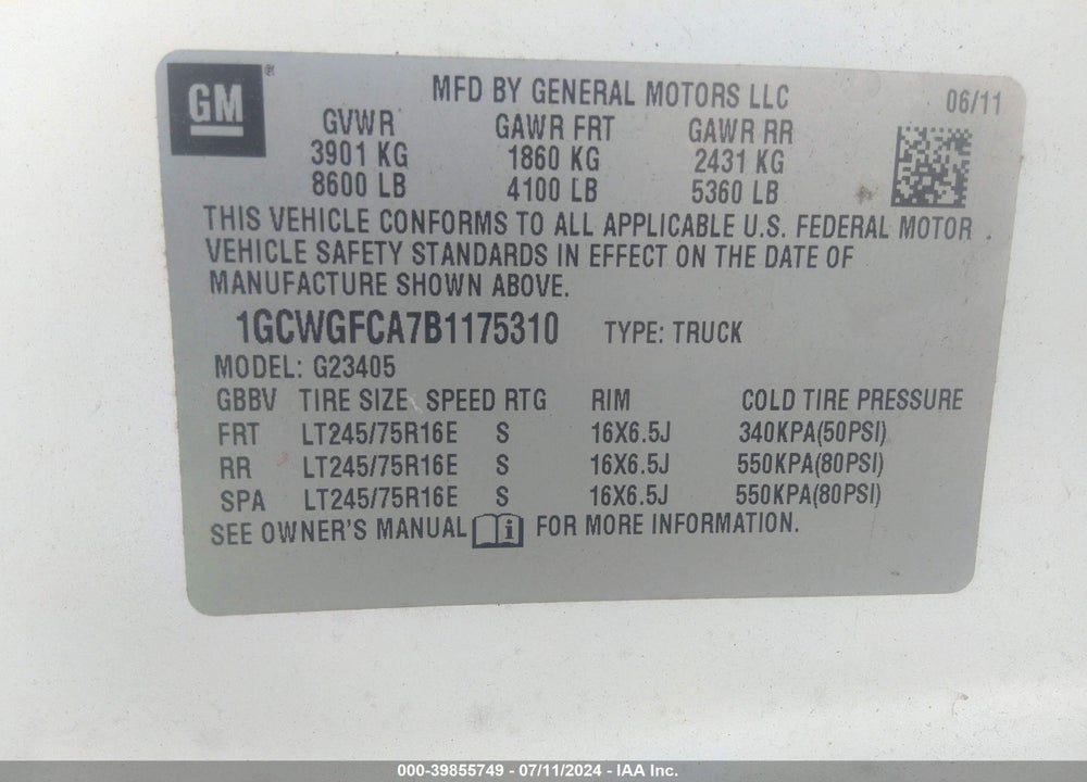 2011 CHEVROLET EXPRESS 2500 WORK VAN VIN: 1GCWGFCA7B1175310
