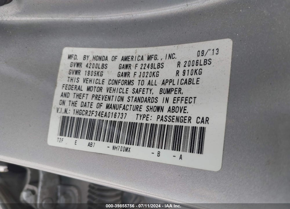 2014 HONDA ACCORD LX VIN: 1HGCR2F34EA016737