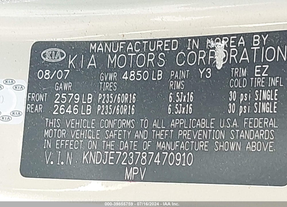 2008 KIA SPORTAGE EX V6 VIN: KNDJE723787470910