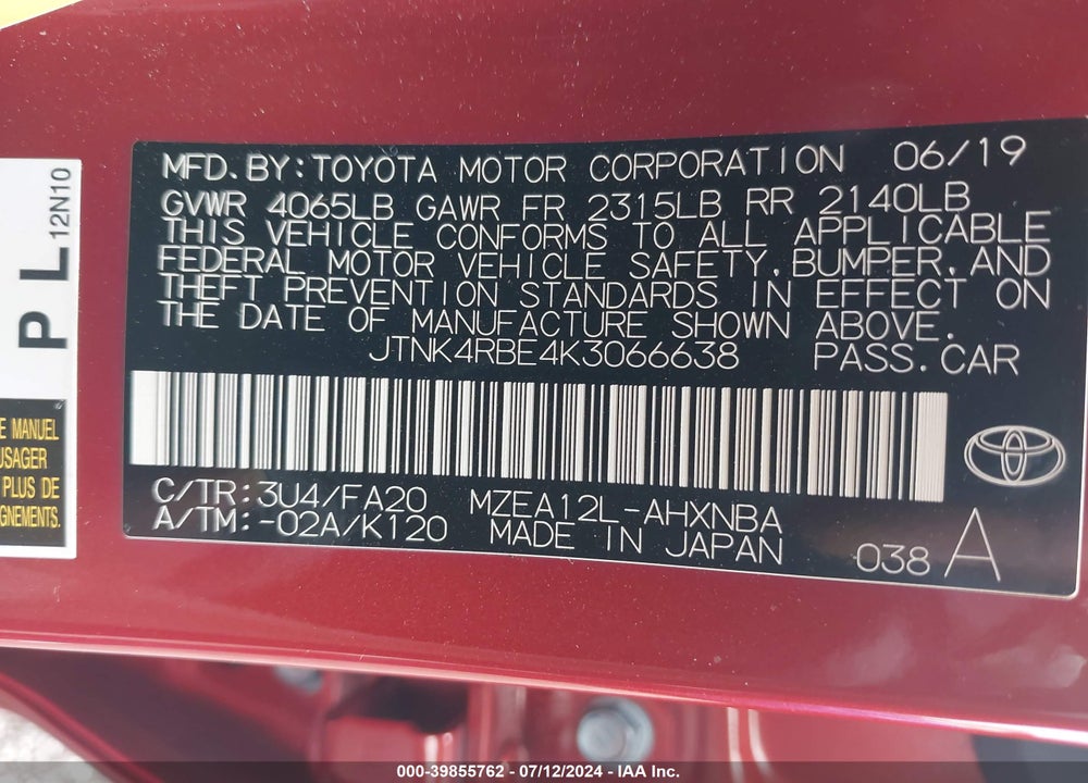 2019 TOYOTA COROLLA SE VIN: JTNK4RBE4K3066638