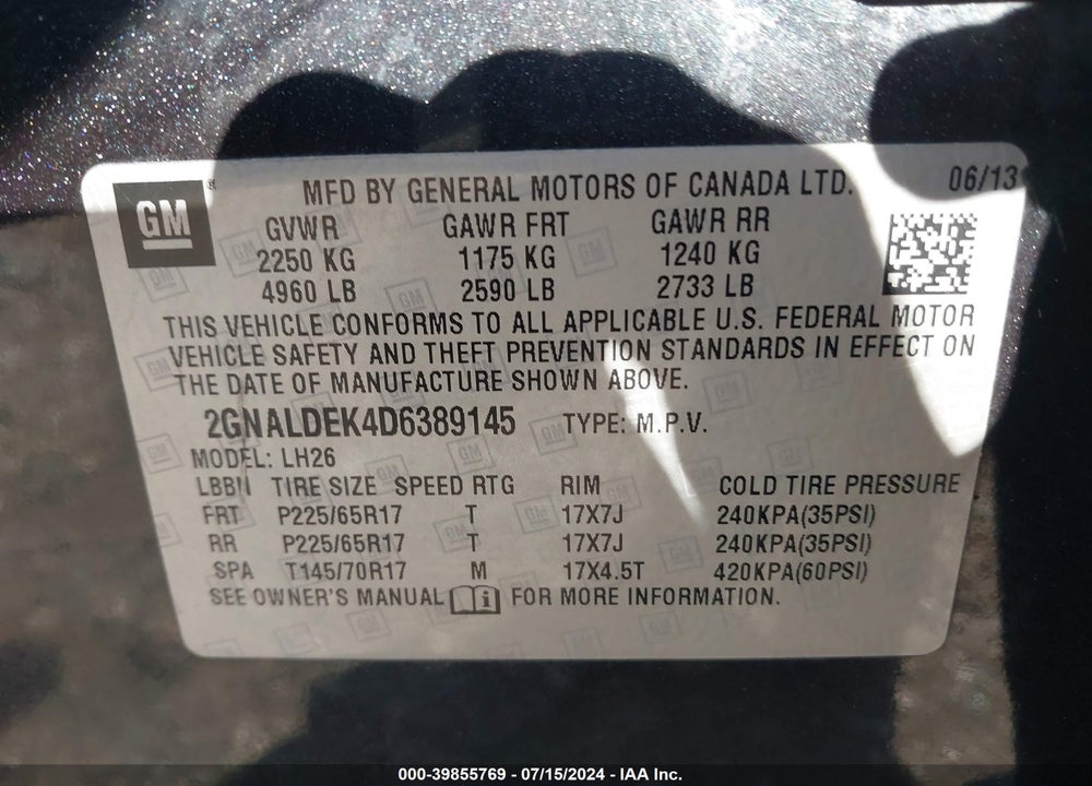 2013 CHEVROLET EQUINOX 1LT VIN: 2GNALDEK4D6389145