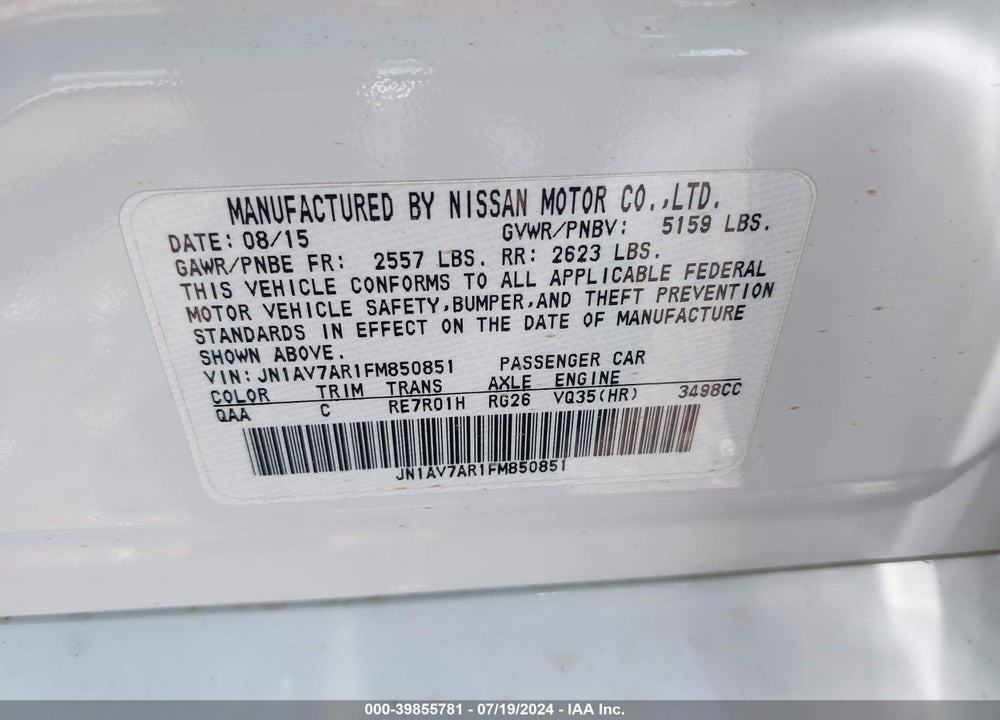 2015 INFINITI Q50 HYBRID PREMIUM VIN: JN1AV7AR1FM850851